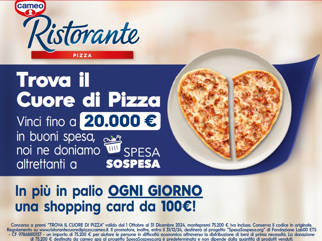 Green Retail  - Cameo supporta SpesaSospesa.org e lancia il concorso 'Trova il Cuore di Pizza' 