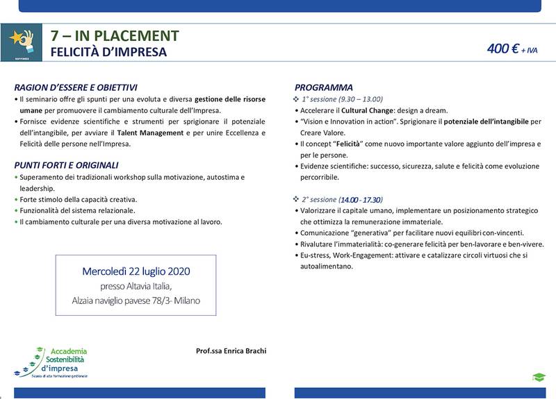 Green Retail  - Accademia della Sostenibilità d'Impresa. In-placement, felicità d'impresa  