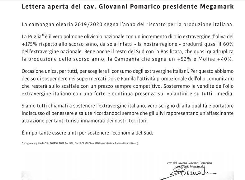 Green Retail  - Lettera aperta del Cav. Pomarico, Presidente Megamark 